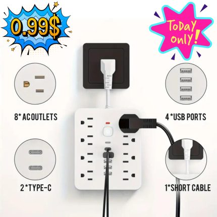 🔥ONLY0.99! 1 Pc Multi-functional Power Strip With Switch And Surge Protection. Equipped With 8 Power Outlets, 4 USB And 2 TYPE-C. 14-in-1 Power Outlet For Office, Home And Travel.